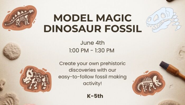 Tan background, dinosaur fossil, Summer Reading Children's Program, making dinosaur fossils out of Model Magic