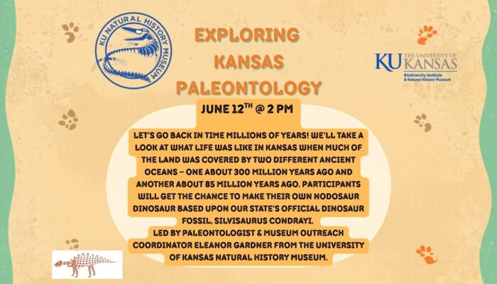 Green and tan background with fossil imprint, Exploring Kansas Paleontology, june 12th @ 2PM. Learn about Kansas's Official Dinosaur Fossil, Silvisaurus Condrayi and create a fossil.