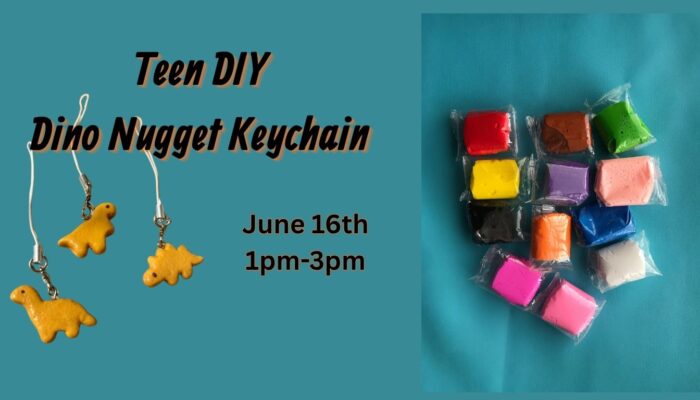 light ocean blue background, with goldfish cracker on hooks, color palettes on one side, Teen DIY Dino Nugget Keychain craft, June 16th, 1 PM - 3 PM