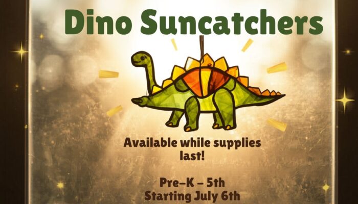 Glass dino with artwork on a window and sunlight in the background. Dino Suncatchers for Pre-K - 5th Grade - Take & Make - Starting July 6th - Available while supplies last