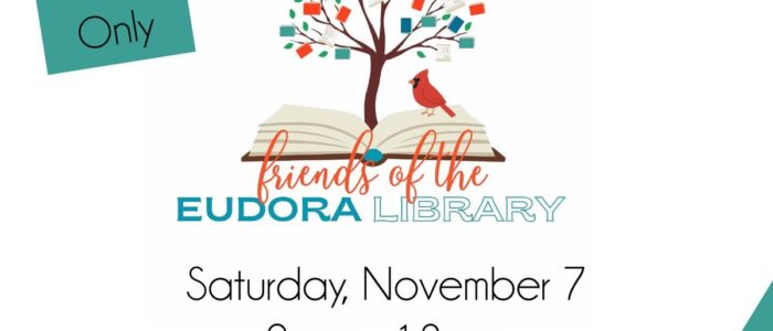 Book_Sale_Website Alt Text: Friends of the Eudora Library Book Sale flyer announcing a sale on Saturday, November 7, from 9 AM to 12 PM at the new library building, 736 Main Street, Eudora, Kansas. Cash only.