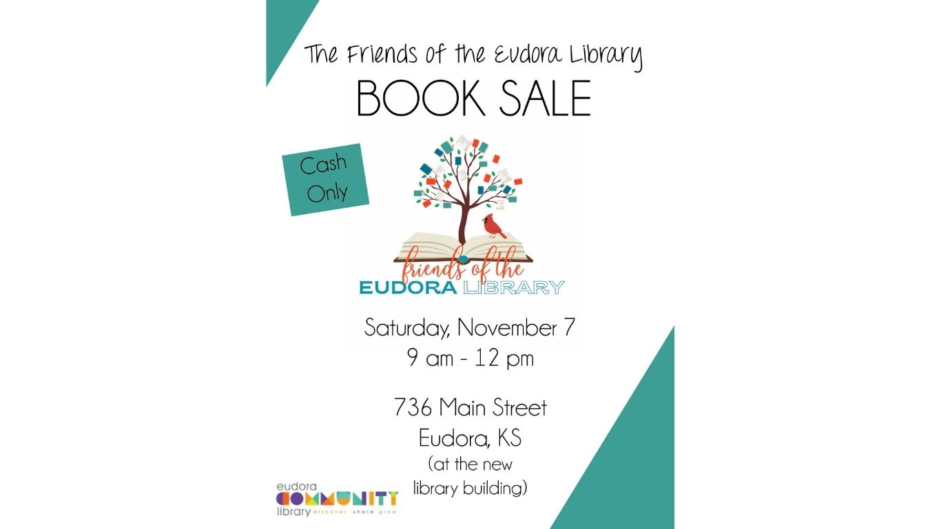 Graphic announcing Eudora Friends of the Library Book Sale - November 7th from 9-12, cash only, 736 Main St